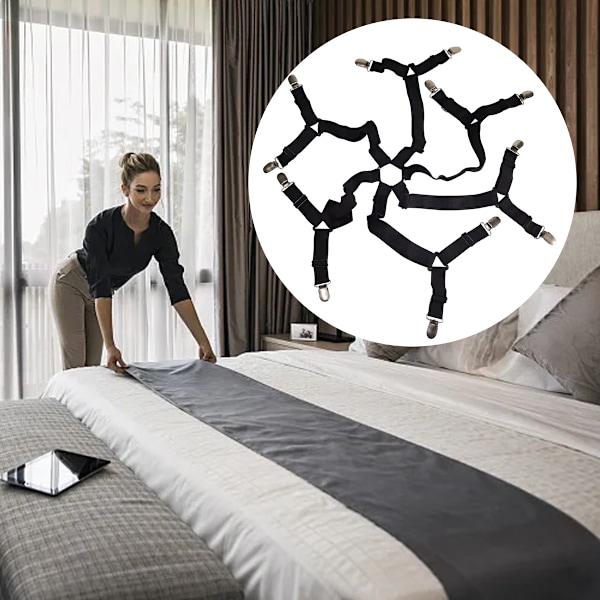 Lakanfästesset för perfekt instoppade lakan, justerbara elastiska lakanhållarband med triangulär design, halkfria klämmor för full till king size