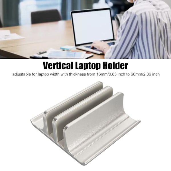Vertikalt Laptopställ 2 Fack Anodiserad Aluminiumlegering Justerbar Utrymmesbesparande Laptop Hållare för 16 till 60 mm Tjock PC Silverfärg