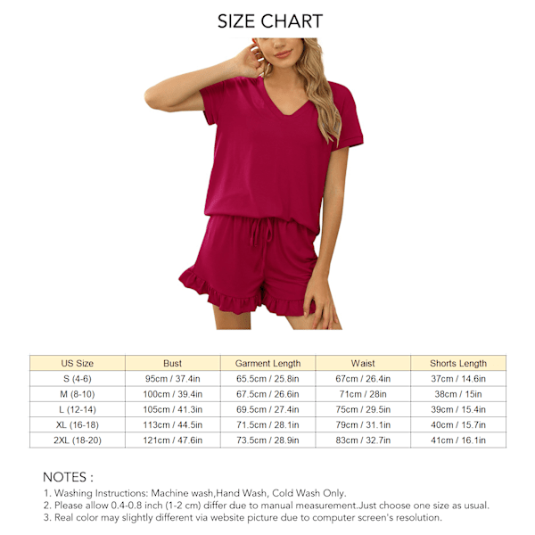 Dam Kortärmad Pyjamas Set Casual V-ringad 2-dels Lounge Set med Elastisk Dragsko för Vår Sommar Röd S