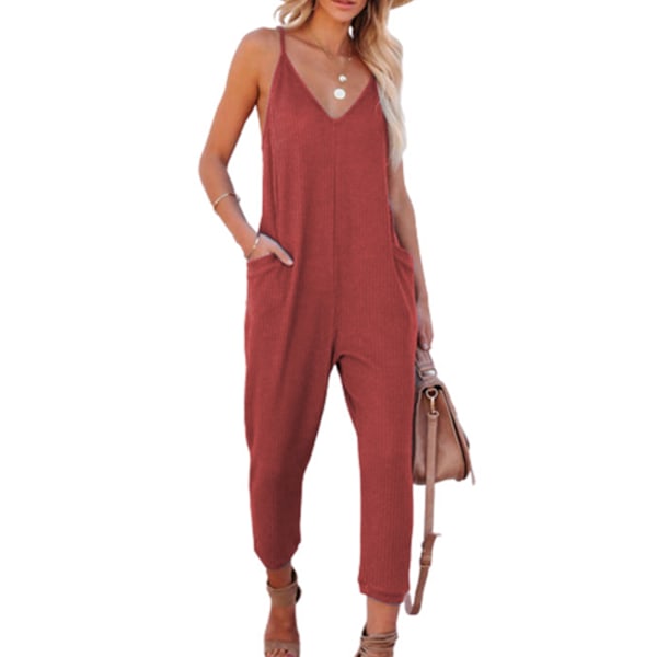 Lös Ärmlös Jumpsuit Spaghettiband Våfflad V-ringad Långbyxdräkt med Sidoficka för Dam S Röd