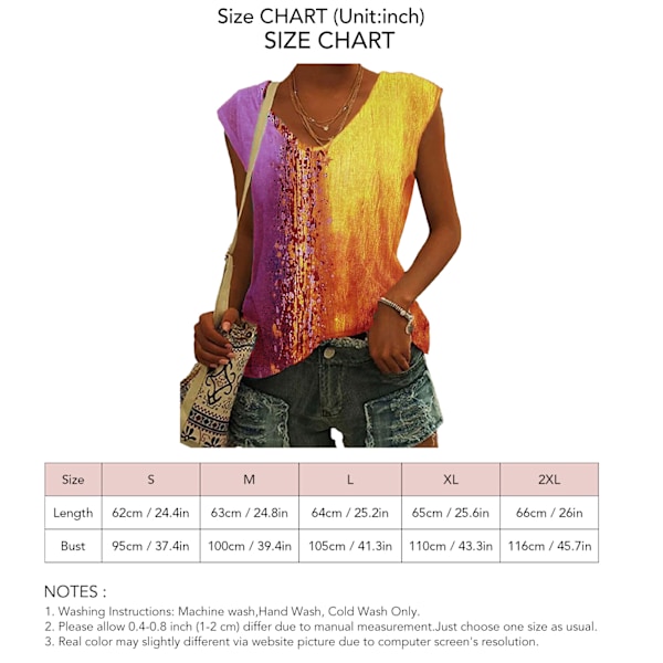 Sommar T-shirt Dam Lös Casual Flerfärgad V-ringad Ärmlös Gradient Topp för Kvinnor Flickor Lila M