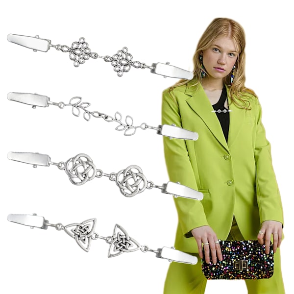 4-pack sjalclips, kappa-spänne, kofta-clips, tröjclips, vintage krageclips, retro kappa-broscher och silver sjalnålar för kvinnor, flickor, skjorta