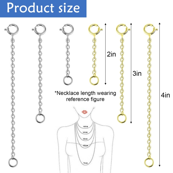 6 st Halsbandsförlängningskedja, 2/3/4 tums smycke i rostfritt stål
