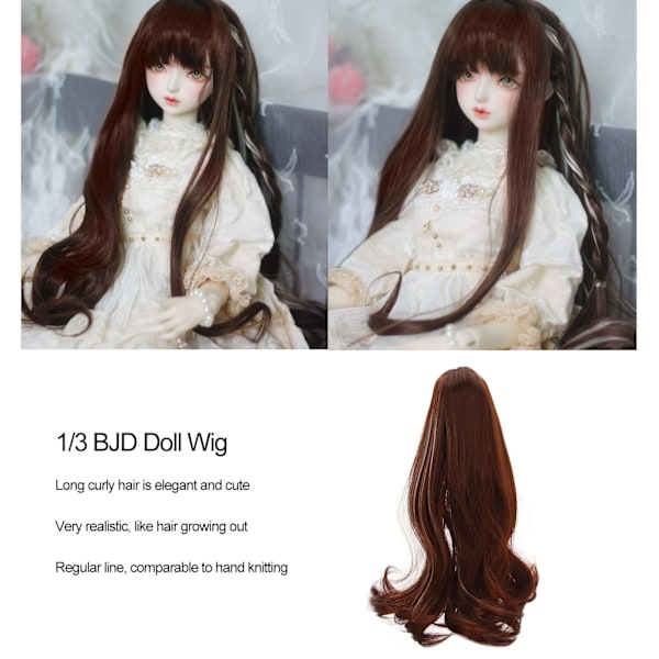 1/3 BJD-docka peruk värmebeständig högtemperatur silke mörkbrun lång lockig peruk för 8-9in 21-24cm BJD-docka