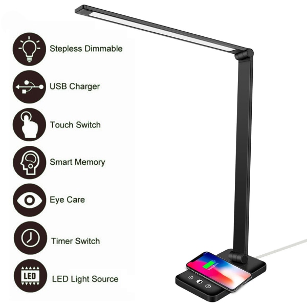 LED Bordslampa, Skrivbord ögonvänlig LED-bord dimbar sänglampa med, Touch Control - 5 Färglägen, för kontor, säng, läsning