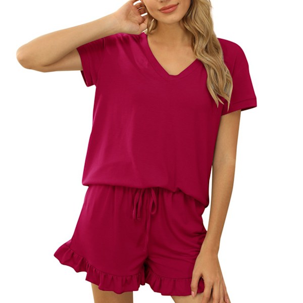 Dam Kortärmad Pyjamas Set Casual V-ringad 2-dels Lounge Set med Elastisk Dragsko för Vår Sommar Röd S