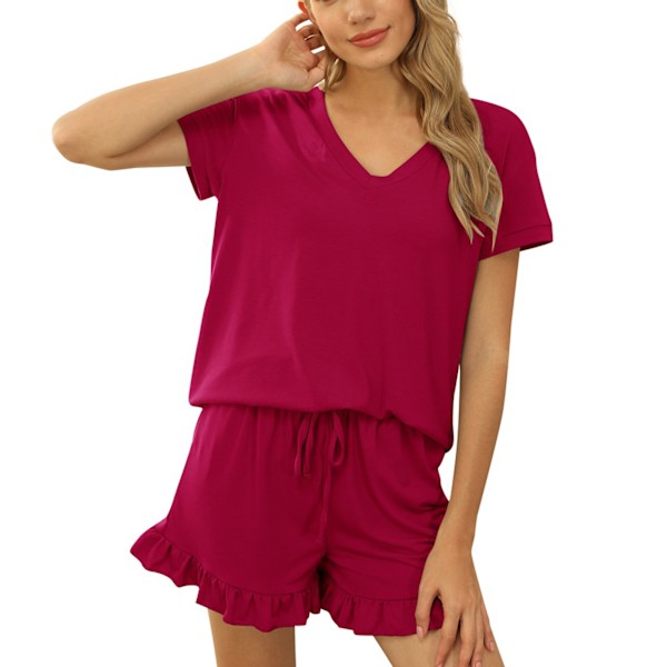 Dam Kortärmad Pyjamas Set Casual V-ringad 2-dels Lounge Set med Elastisk Dragsko för Vår Sommar Röd S