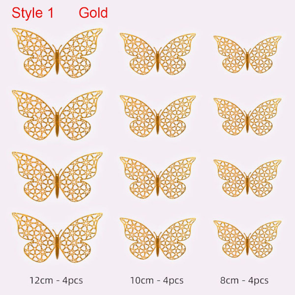 12 STK/Pakke 3D Butterfly Stickers Hule Butterflies Decals GULD gold Style 1-Style 1