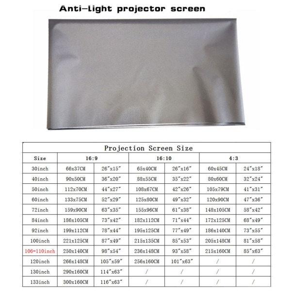 Anti-lys skærme Projektor Stof Projektorer Skærm 72 TOMM 72 inch