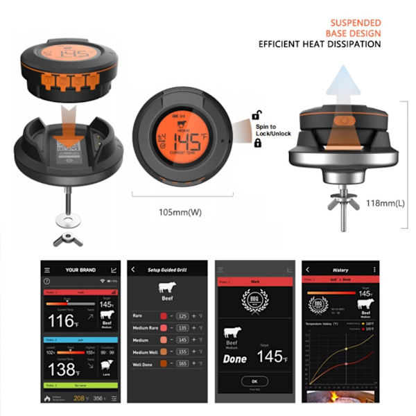Trådlös kötttermometer Bluetooth med 2 st köttsonder