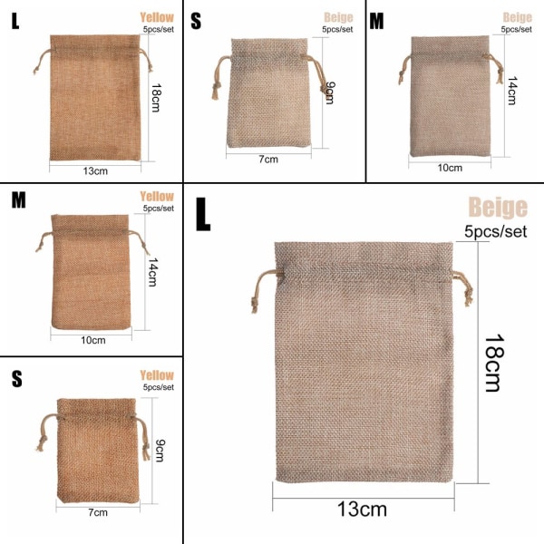 5 stk Jute Gaveposer Snørepose Candy Organizer BEIGE beige 13x18cm