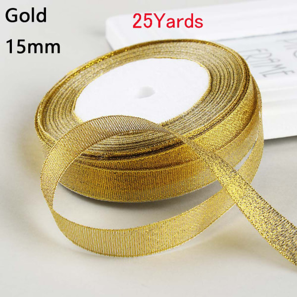 25Yards Satin Ribbon Kort Dekor Sølv/Gull Silke GULL 15MM Gold 15mm