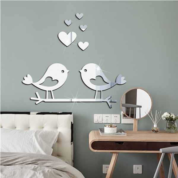 Branch Bird Mirror Wall Stickers Mural Sticker SØLV silver