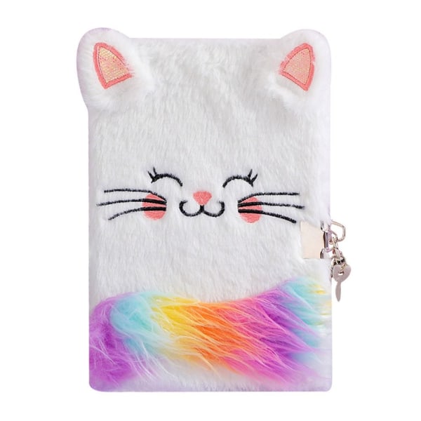 Cat Diary with Lock Fluffy Plush Notebook WHITE White