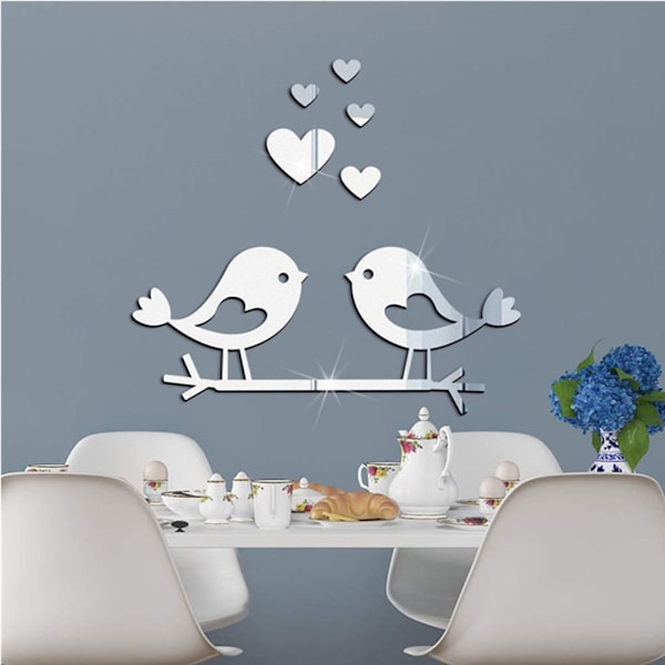 Branch Bird Mirror Wall Stickers Mural Sticker SØLV silver