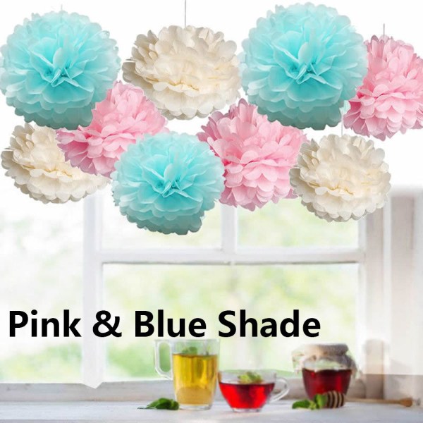 9 pakke silkepapir Blomster Pom Ball Hjem Dekorasjon ROSA & BLÅ Pink & Blue Shade