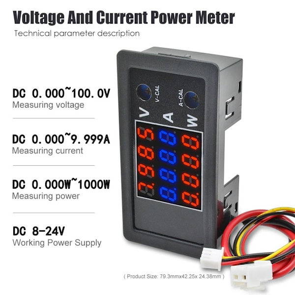 Digital Voltmeter Spænding Strøm Energimåler Effektmåler RØD Red Blue Red