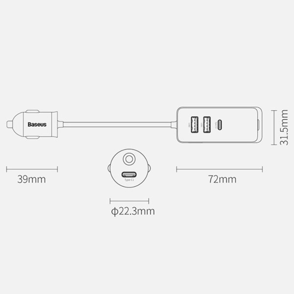 Strømadapter Hurtiglader 3 USB 1 TYPE-C 3 USB 1 TYPE-C 3 USB 1 Type-C