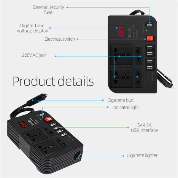 300W bilinverter DC 12V til AC 220V strømadapter