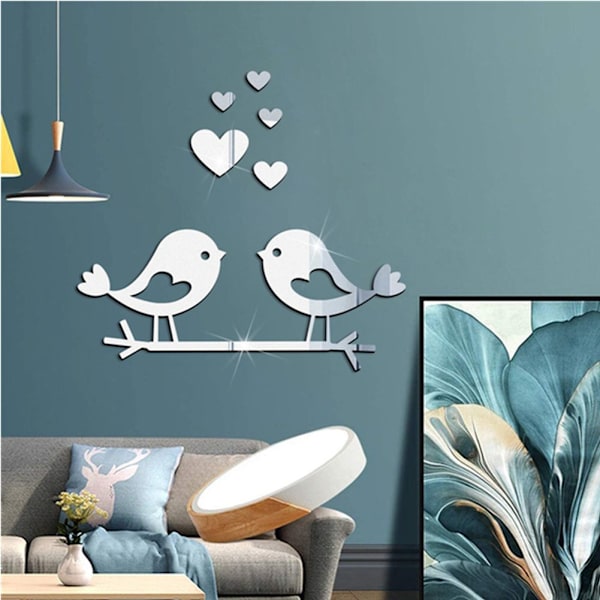 Branch Bird Mirror Wall Stickers Mural Sticker SØLV silver
