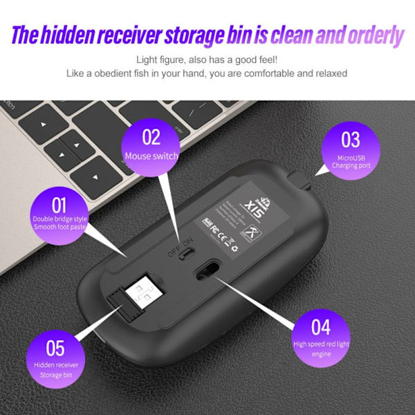 Trådlös mus USB Uppladdningsbar VIT white