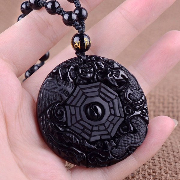 Obsidian halsband Lucky Pendant Dragon Phoenix Carved