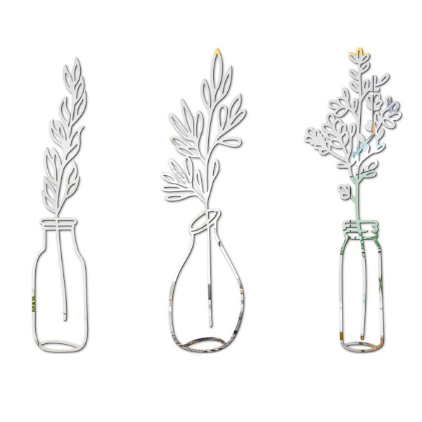 3st/ set väggklistermärken 3D blomstervas SILVER 1 1 silver 1-1