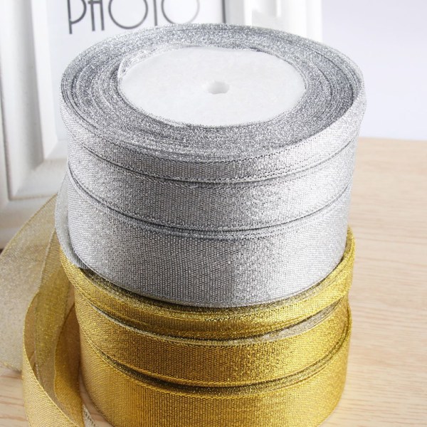 25Yards Satin Ribbon Kort Dekor Sølv/Gull Silke GULL 15MM Gold 15mm