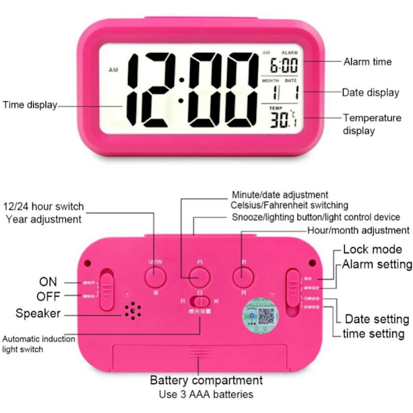 Alarmknapp Klocka Desktopklocka ROSA Pink