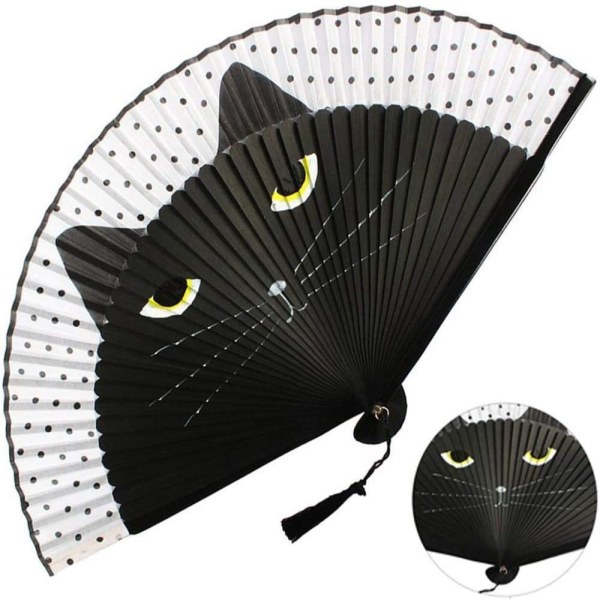 Cat Head Silk Fans Japan Style Hand Fans SVART black