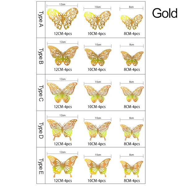 12 kpl / Set 3D Butterfly Tarrat Seinätarrat GOLD BB gold B-B