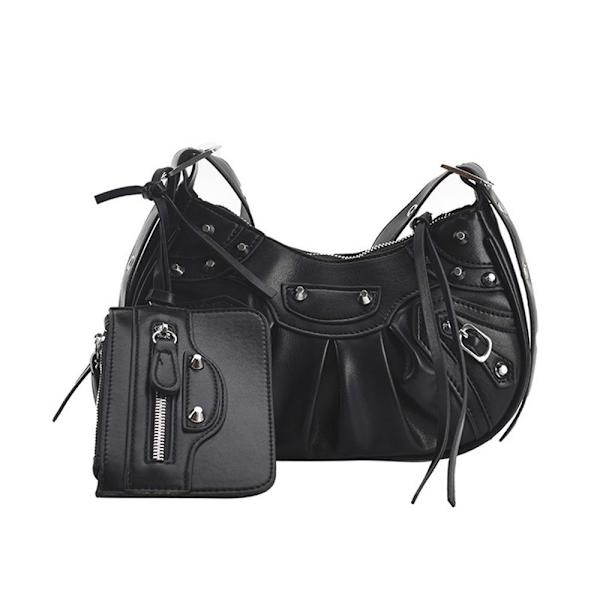 PU-lädernit dubbad axelväska Designer Crossbody-väska Black