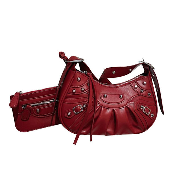 PU-lädernit dubbad axelväska Designer Crossbody-väska Wine red