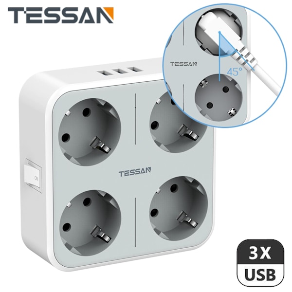 TESSAN Multipel europeisk power med 4 uttag 3 USB laddningsportar EU