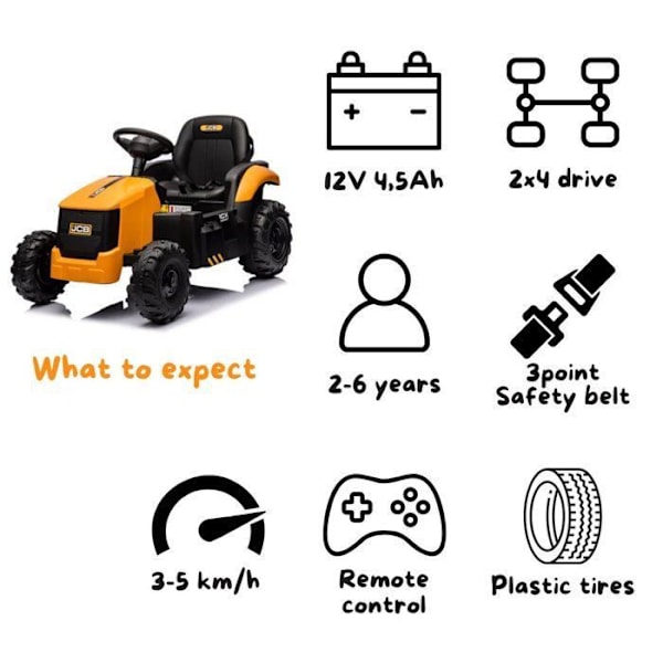 Elektrisk Traktor - JCB - 12V - 2 motorer - 5 km/h - 30 kg - 2 till 6 år Gul