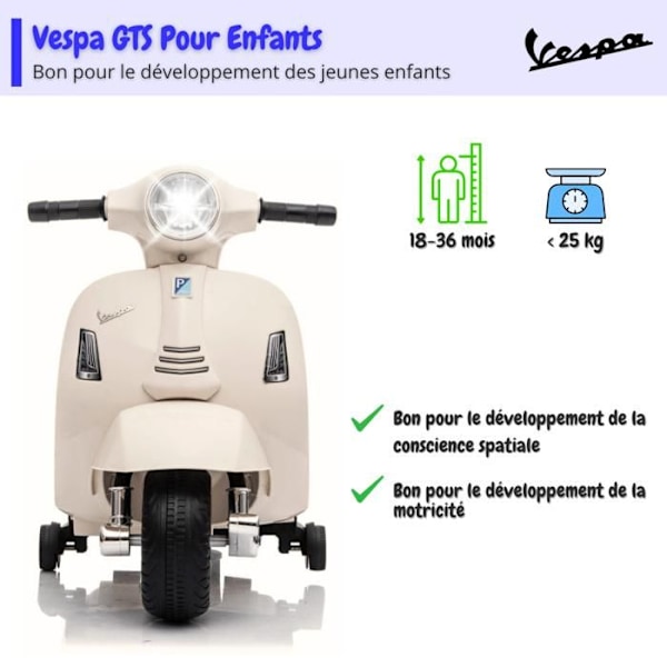 El-scooter för barn - Vespa GTS - 6V - 1 till 3 år - Vit Vit