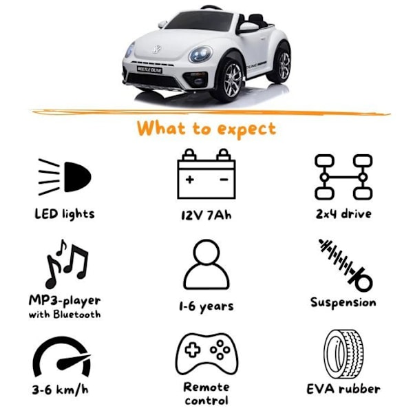 Barnbil Volkswagen Beetle XL - 12V Batteri - 1 till 6 år - Vit Vit