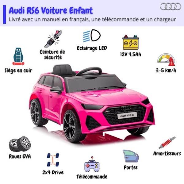 Elbil Barn 12V - Audi RS6 - 1 till 5 år - EVA-hjul - Rosa Rosa