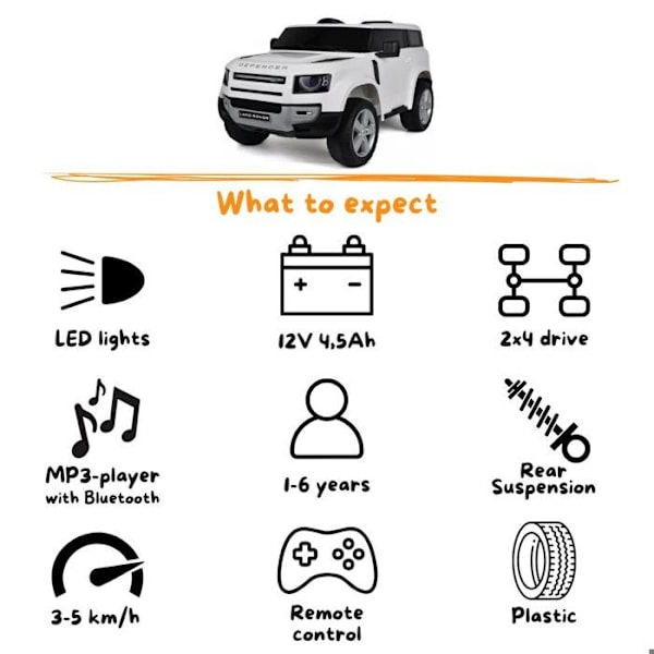 Barnbil Land Rover Defender - 12V - 1 till 6 år - Vit Vit