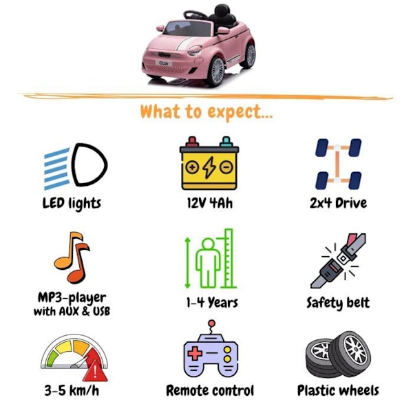 Elbil Barn Fiat 500e - 12V - 1 till 5 år - Rosa Rosa