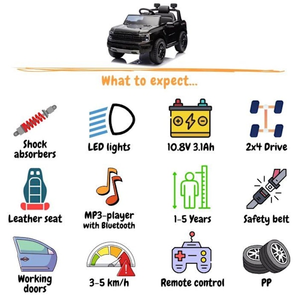 Barnens Elbil 12V - Ford Raptor - 1 till 5 år - Svart Svart