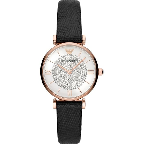Damklocka - Emporio Armani - AR11387 - Kvarts - Svart läder - Vattentät 3 bar Svart, Silver, Ip-rosé