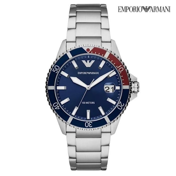 EMPORIO ARMANI AR11339 Kvartsur til mænd - Sølv - Blå - Trehåndsdato - 10 ATM Silver, Blå