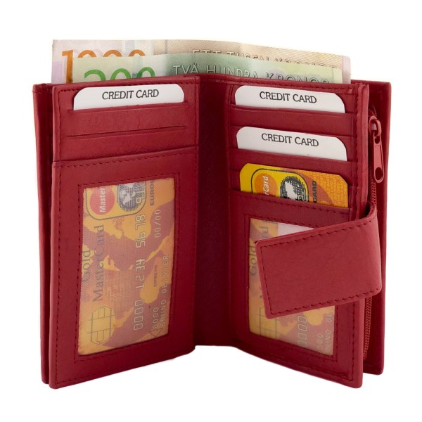 Medelstor läderplånbok med 18 kortfack Röd one size