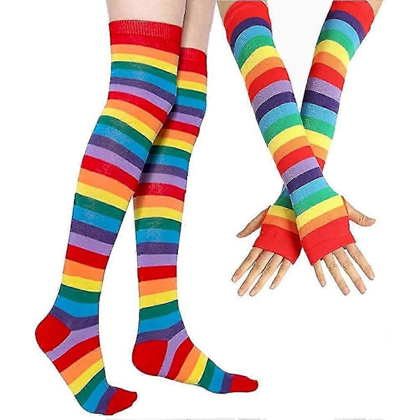 Över Knä Regnbåge Lårhöga Strumpor Handskar Set Cosplay Tillbehör Arm Ben Värmare