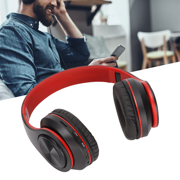 Trådløst hodesett Stereo Støydemping Foldbar Bluetooth Hodetelefon for Mobiltelefon PC Reise Spill Svart med Rød