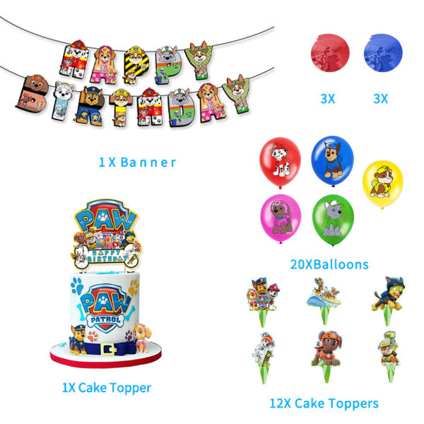 Paw Patrol-tema ballonger, banderoll, flaggor och tårtdekorationer【】