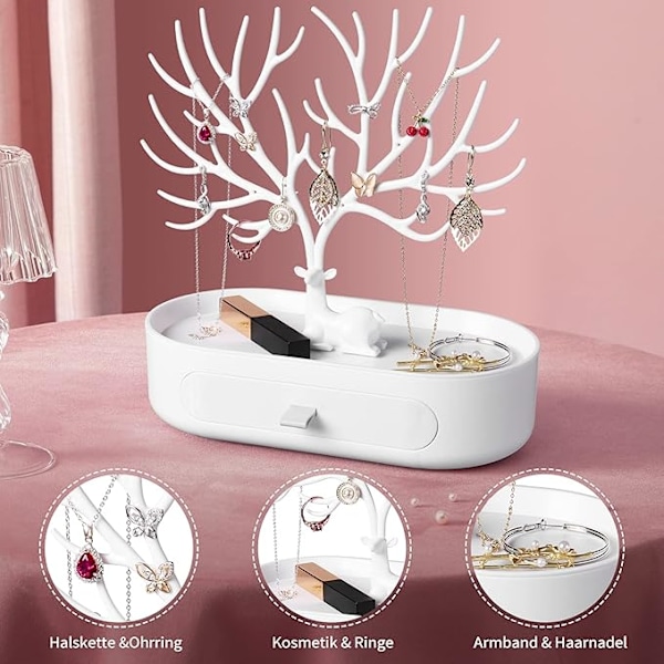 Smyckesträd, smyckesträd i plast med lådor, smyckeshållare för örhängen, halsband, armband, klockor och ringar (vita)