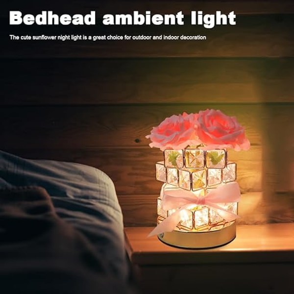 Ros Kristall Bordslampa USB Uppladdningsbar 3 Färger Dimbar Blomlampa Fyrkantig Kristallvas Romantisk Gåva för Kvinnor Fru Flickvän Rumsdekoration