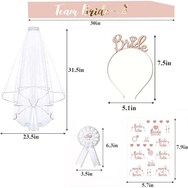 Tilbehør, 15-pakning utdrikningslagstilbehør, EVJF-sash-sett med 10 Team Bride-skjerf, 1 Bride-to-be-skjerf, brudeslør, merke, tiara-pannebånd, tatovering